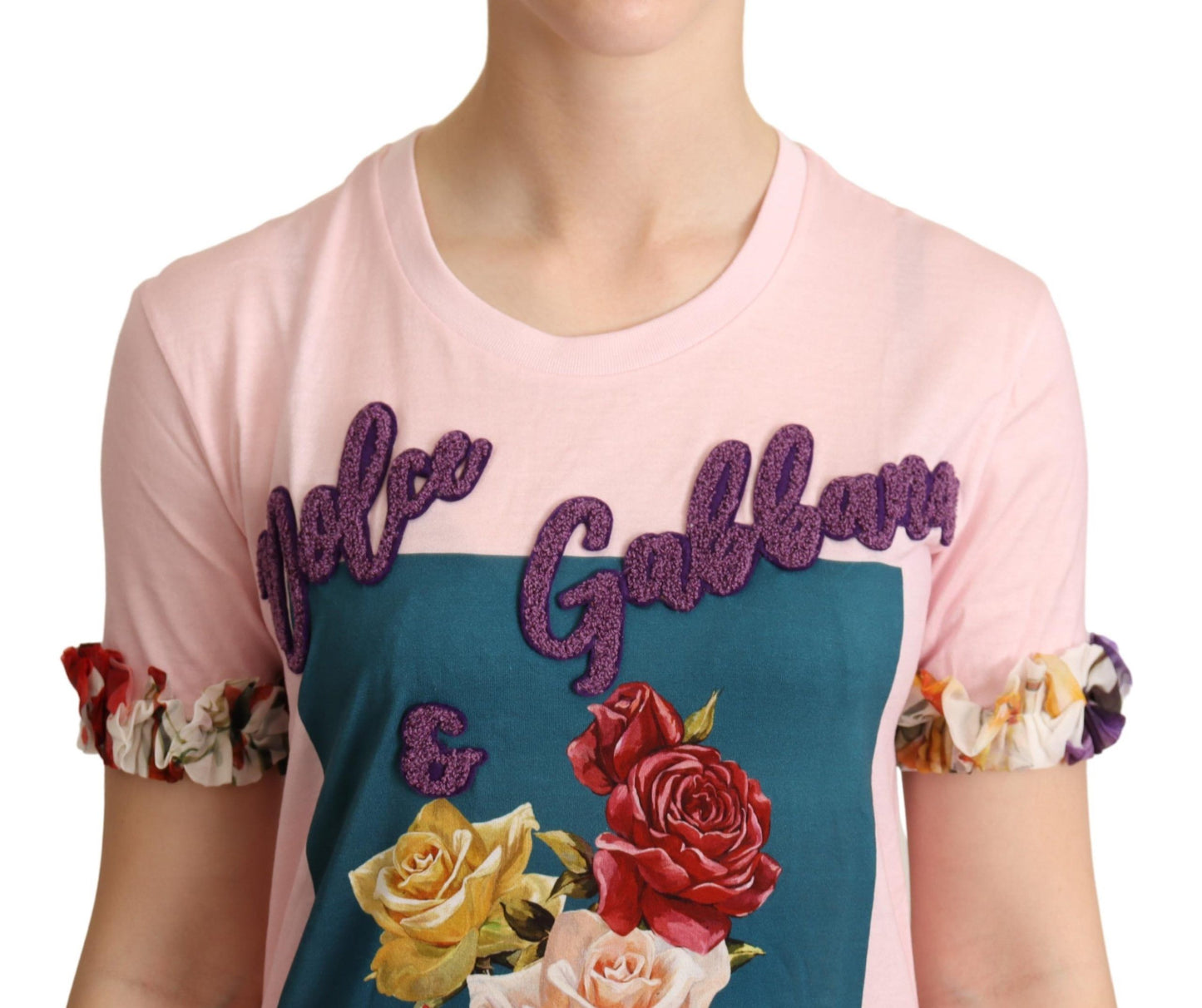 Dolce & Gabbana Pink Cotton Floral Roses Crewneck 티셔츠