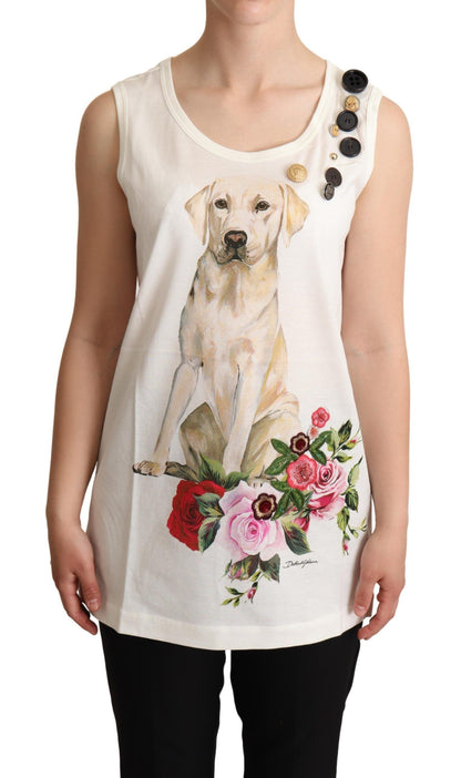 Dolce & Gabbana White Dog Floral Print 장식 티셔츠