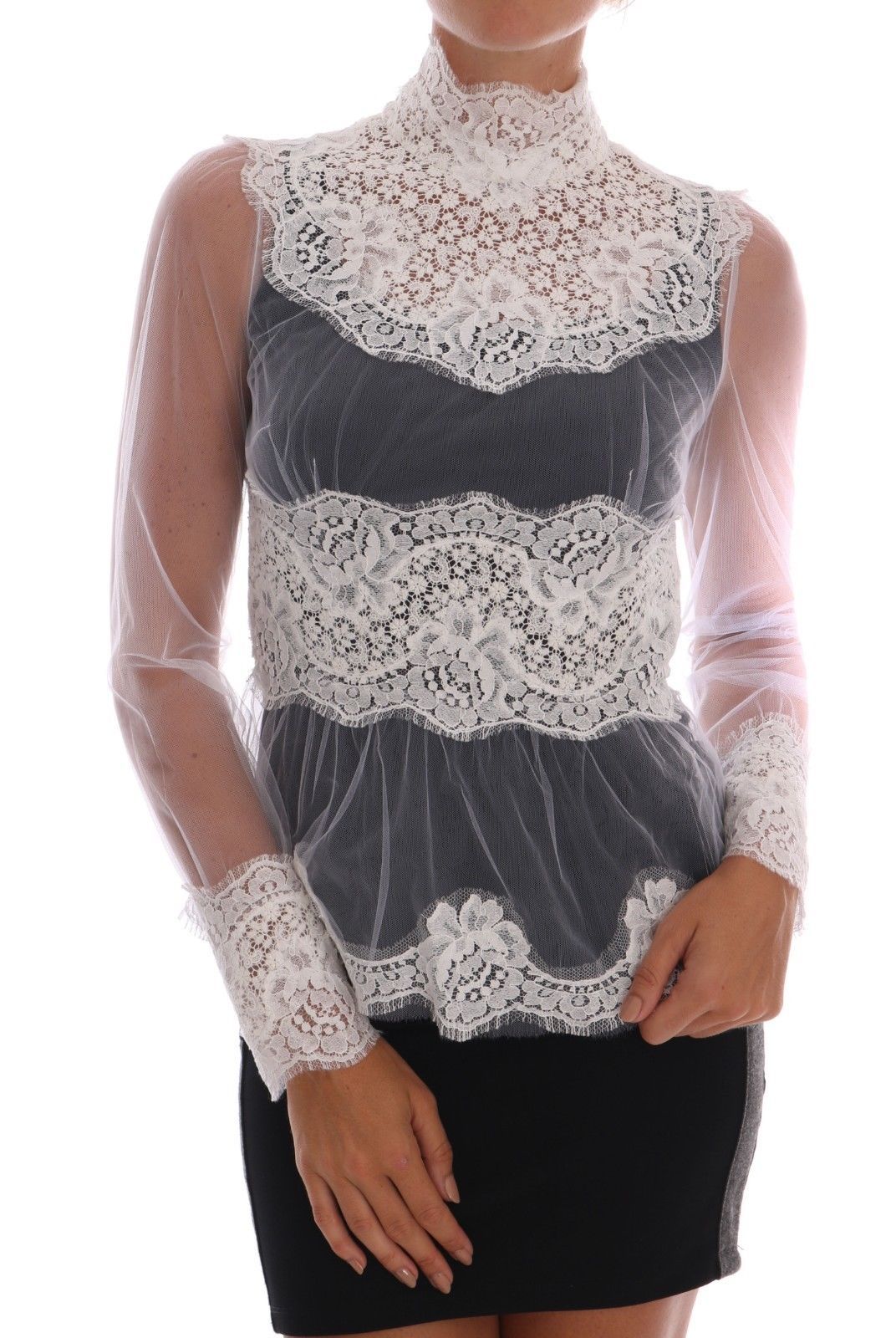 Dolce & Gabbana White Floral Lace Blouse Mock Neck Top