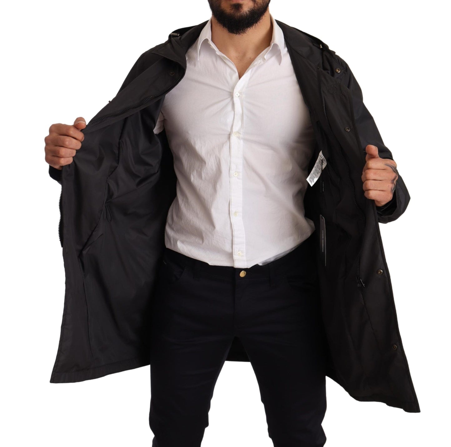 Dolce &amp; Gabbana Schwarze Herren-Trenchcoat-Jacke mit Kapuze