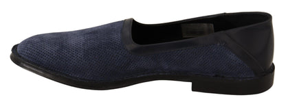 Dolce &amp; Gabbana Blaue perforierte Slip-On-Slipper aus Leder