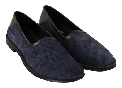 Dolce &amp; Gabbana Blaue perforierte Slip-On-Slipper aus Leder