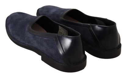 Dolce &amp; Gabbana Blaue perforierte Slip-On-Slipper aus Leder