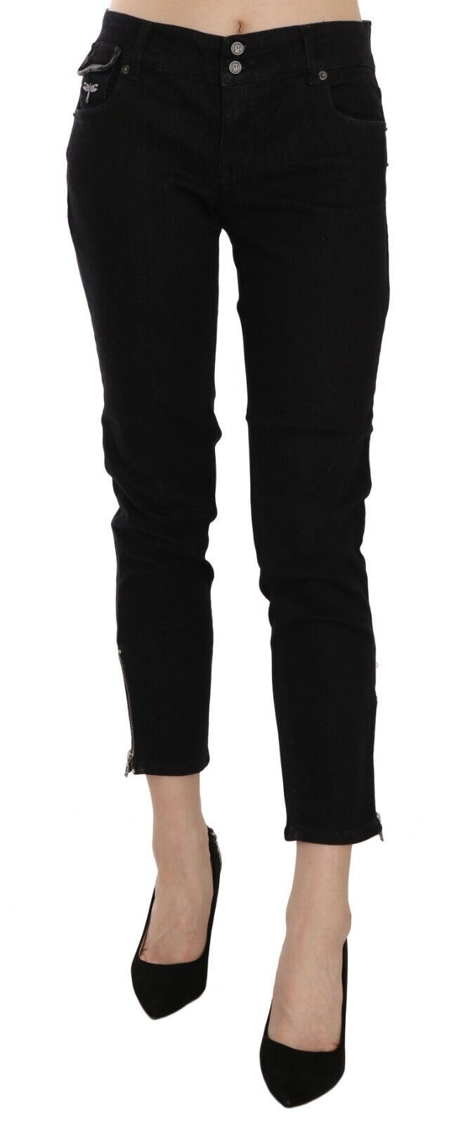 John Galliano Black Mid Mid Waist Crping Cut Hem Denim 캐주얼 바지