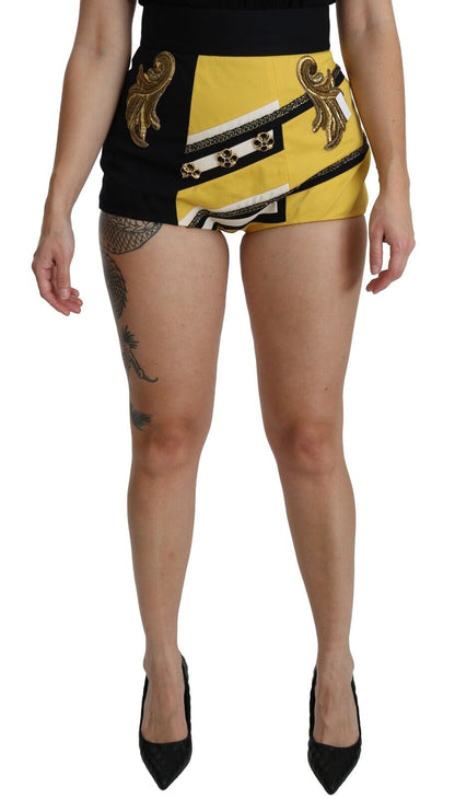 Dolce & Gabbana Yellow Black Cotton Jeweled Hot Pants 반바지