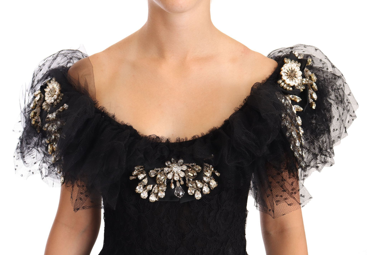 Dolce & Gabbana Black Floral Lace Crystal Ball Gown 드레스