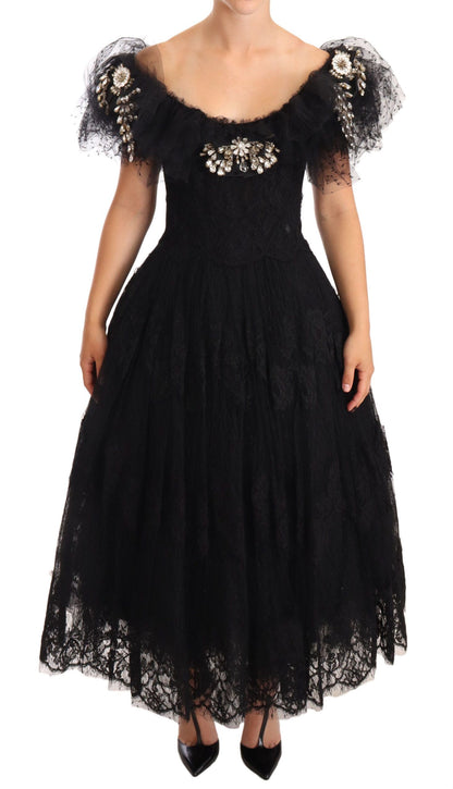 Dolce & Gabbana Black Floral Lace Crystal Ball Gown 드레스