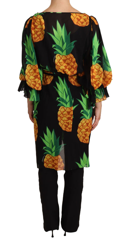 Dolce &amp; Gabbana Schwarzes Wickelkleid aus Stretch-Seide mit Ananas-Print