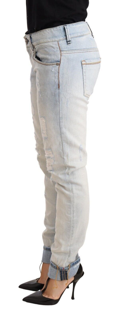 Acht Hellblaue Distressed-Jeans aus Baumwolle mit gefaltetem Saum