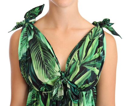 Dolce & Gabbana Elegant Flared Mini A-Line Dress in Green Leaf Print