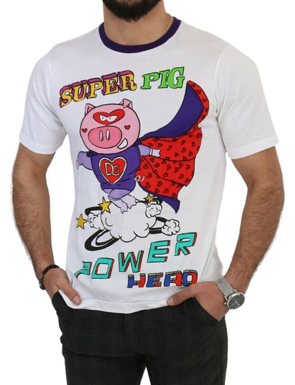 Dolce &amp; Gabbana Weißes Baumwoll-Top „Super Power Pig“-T-Shirt