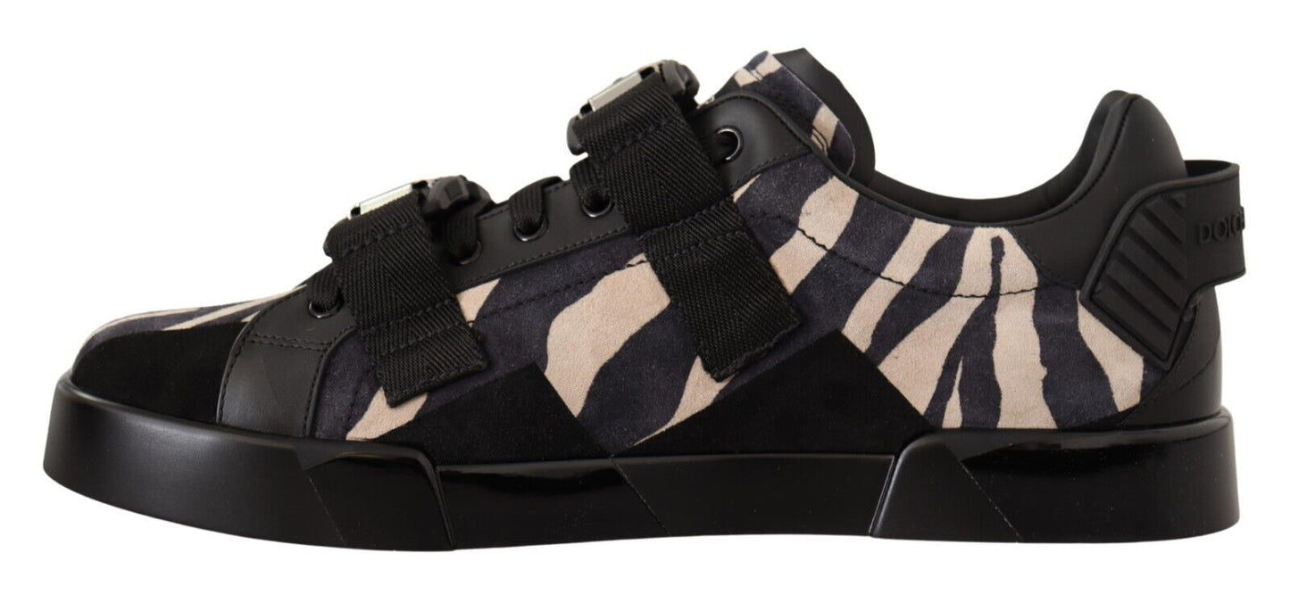 Dolce &amp; Gabbana Schwarz-weiße Zebra-Wildleder-Gummi-Sneakers