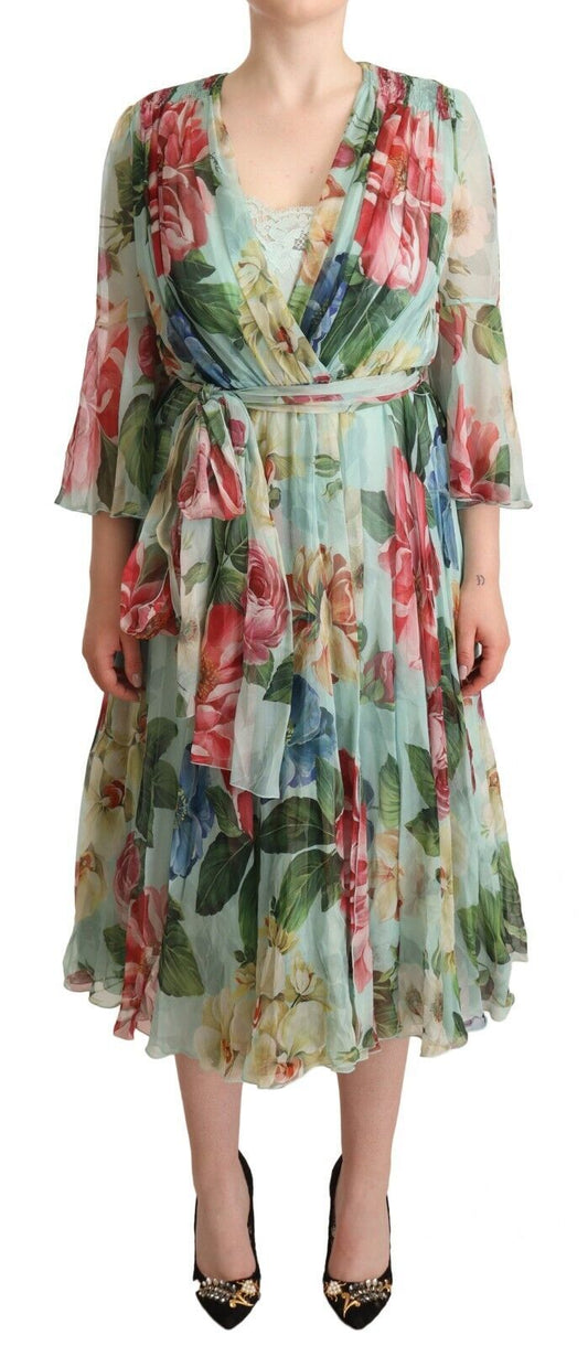 Dolce & Gabbana Green Floral Long Sleeves V-Neck Midi Dress