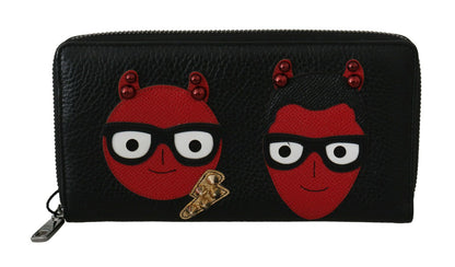 Dolce &amp; Gabbana Schwarz-Rotes Leder #DGFAMILY Continental-Geldbörse mit Reißverschluss