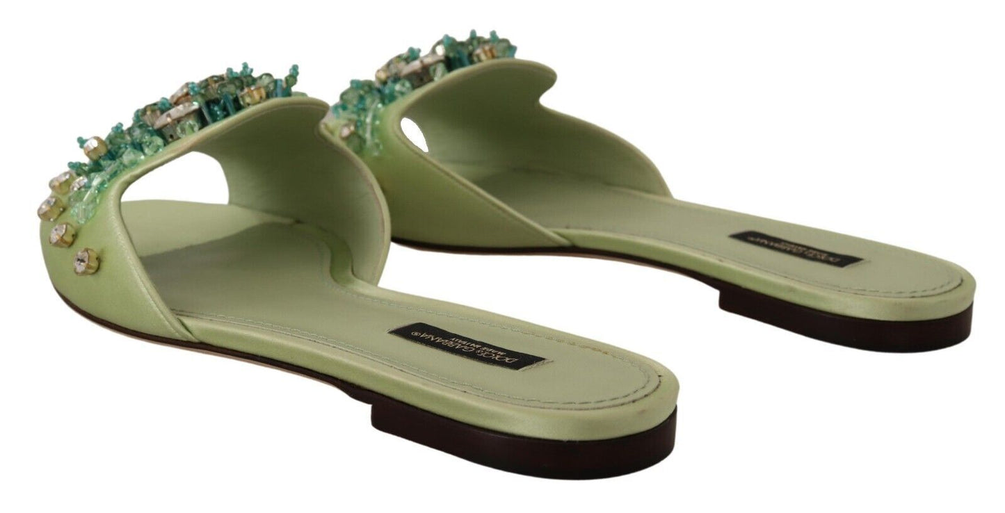 Dolce &amp; Gabbana Grüne Leder-Kristalle-Slides für Damen, flache Schuhe