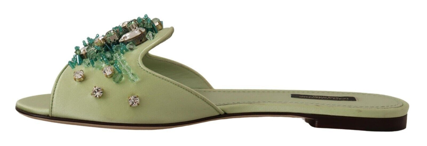 Dolce &amp; Gabbana Grüne Leder-Kristalle-Slides für Damen, flache Schuhe