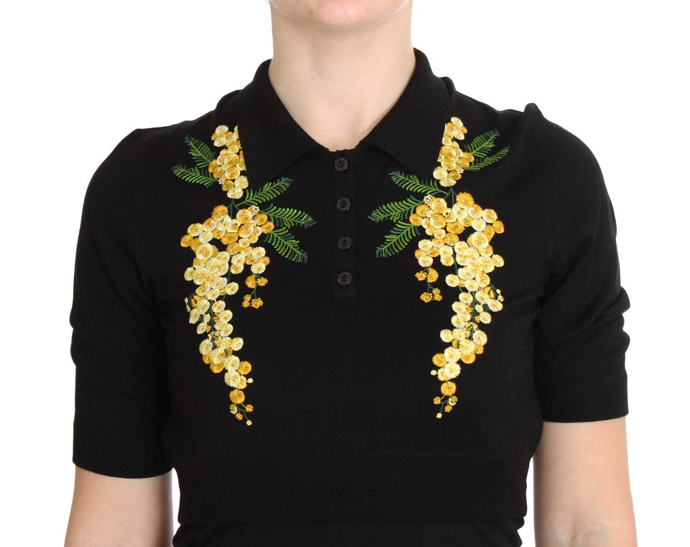 Dolce &amp; Gabbana Poloshirt aus schwarzer Seide mit Blumenstickerei