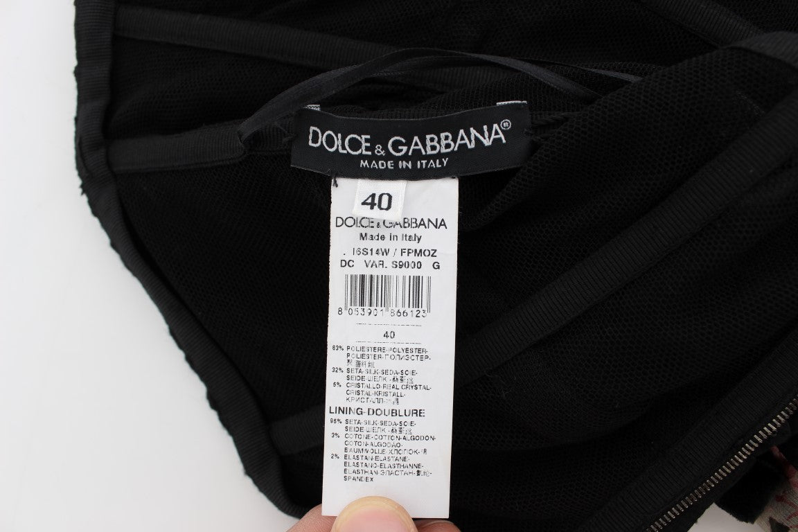 Dolce &amp; Gabbana – Schwarzes Kleid aus Seide mit Kristallbrosche und Schlüsselmuster