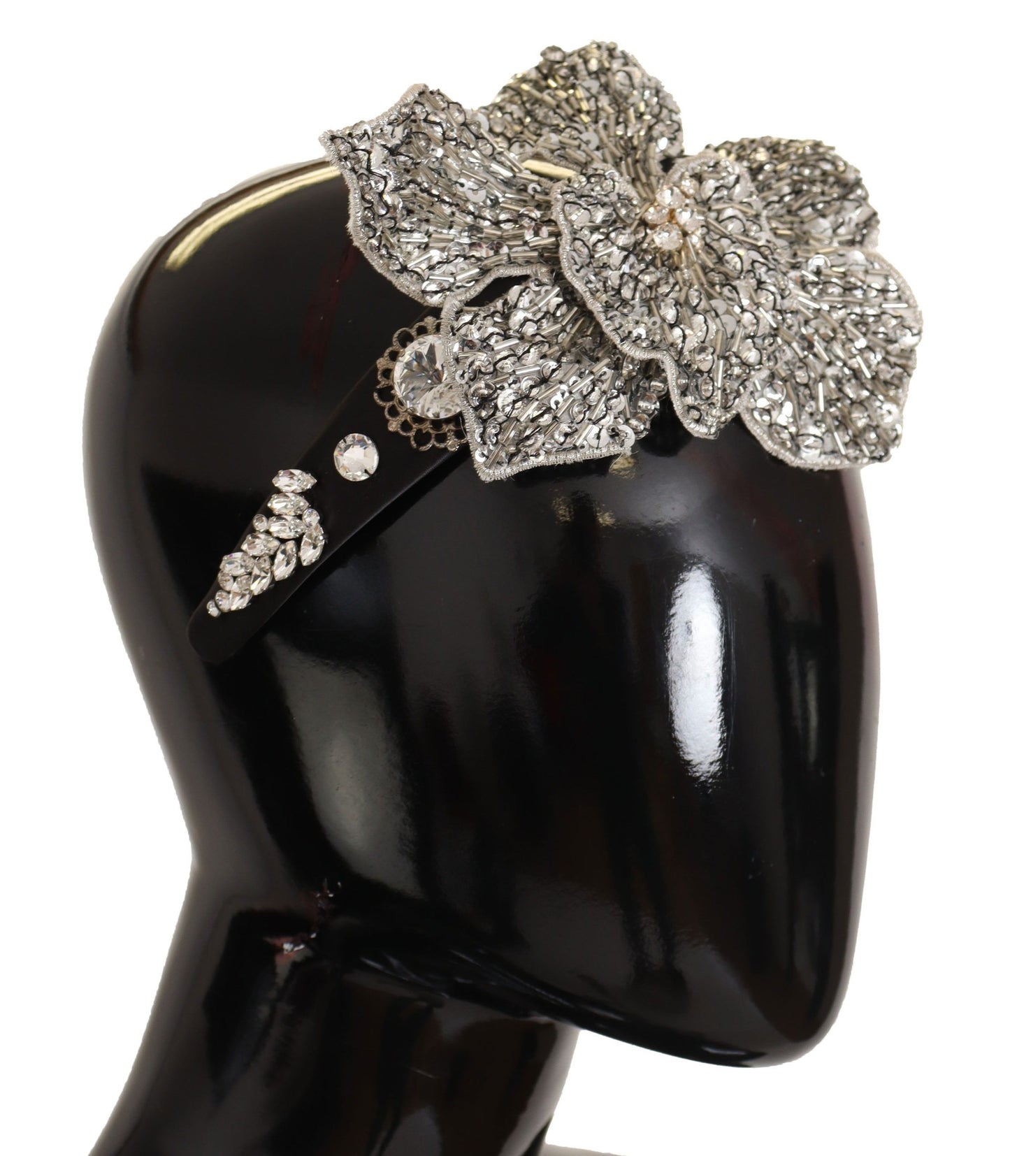 Dolce & Gabbana Black Crystal Beaded 스팽글 큰 꽃 diadem 머리띠