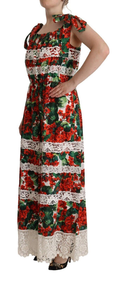 Dolce &amp; Gabbana Mehrfarbiges langes Maxikleid aus Spitze mit Geranien-Print