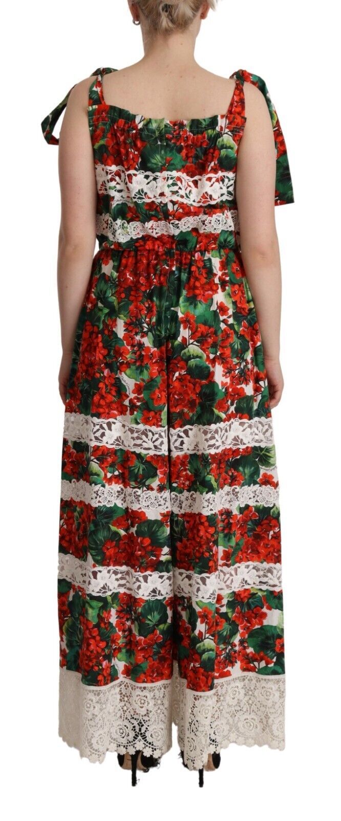 Dolce &amp; Gabbana Mehrfarbiges langes Maxikleid aus Spitze mit Geranien-Print