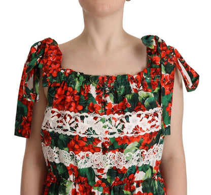 Dolce &amp; Gabbana Mehrfarbiges langes Maxikleid aus Spitze mit Geranien-Print