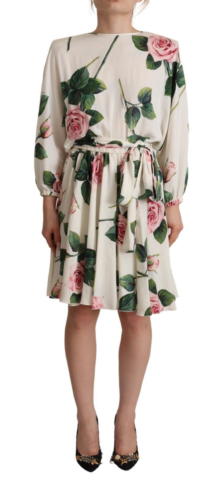 Dolce &amp; Gabbana Weißes, langärmliges A-Linien-Kleid mit Rosendruck