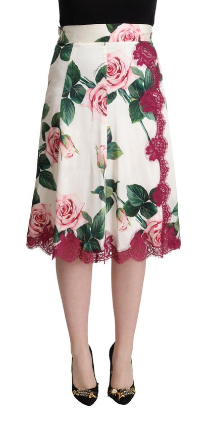 Dolce & Gabbana White Rose Print High Waist Midi A-Line Skirt