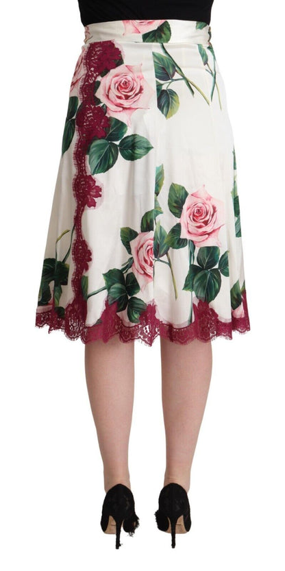 Dolce & Gabbana White Rose Print High Waist Midi A-Line Skirt