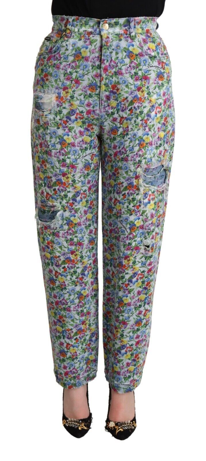 Dolce & Gabbana Blue Floral Print High Waist Denim 테이퍼 청바지