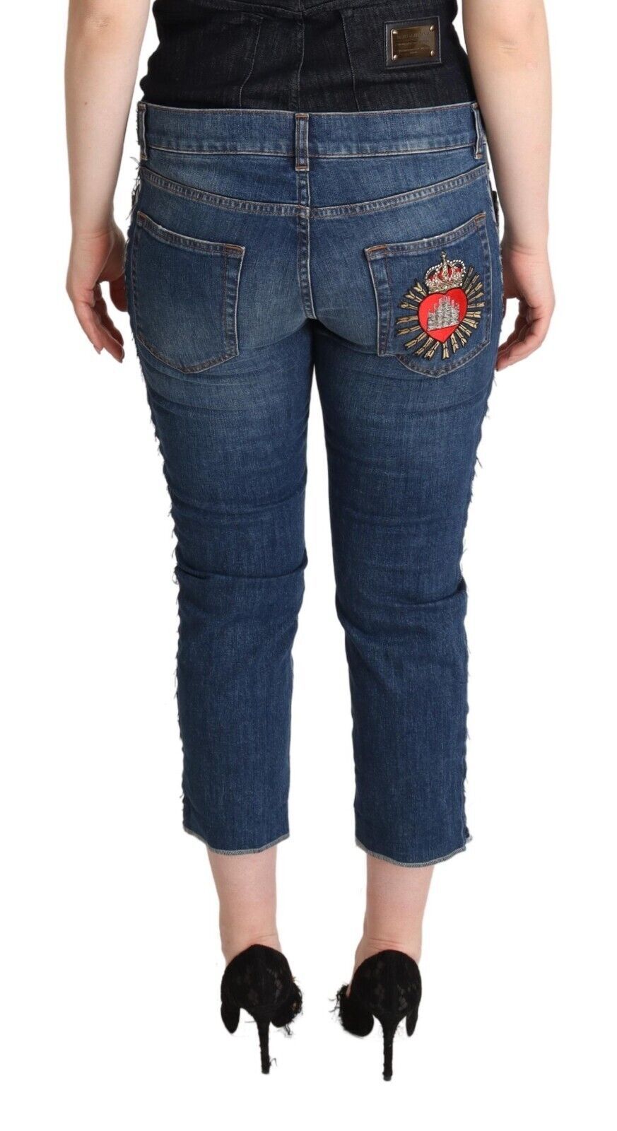 Dolce &amp; Gabbana – Blau gewaschene Jeans mit mittelhohem Bund und Logo in verkürzter Länge