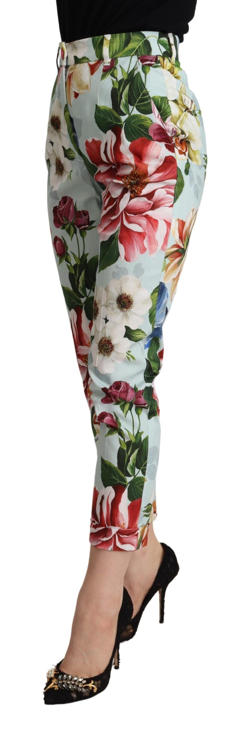 Dolce &amp; Gabbana Hellblaue Baumwollhose mit Fiori-Print, schmal zulaufende Hose