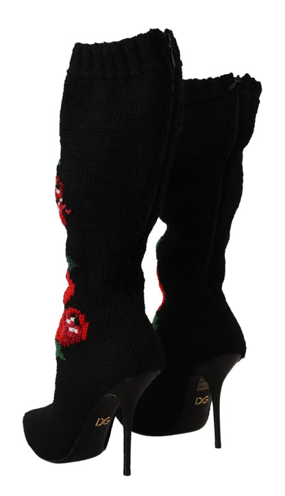 Dolce & Gabbana Black Stretch Socks 빨간 장미 부츠 신발