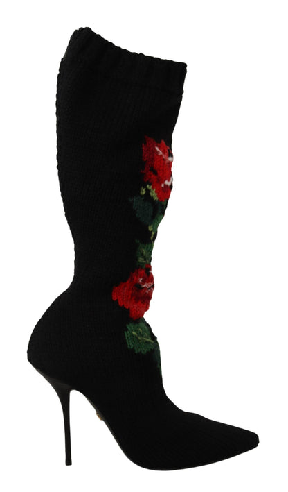 Dolce & Gabbana Black Stretch Socks 빨간 장미 부츠 신발