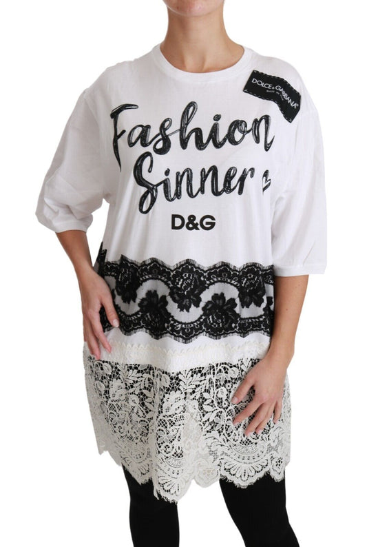 Dolce & Gabbana White Fashion Sinner Cotton 레이스 티셔츠 탑