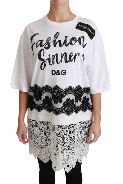 Dolce & Gabbana White Fashion Sinner Cotton 레이스 티셔츠 탑