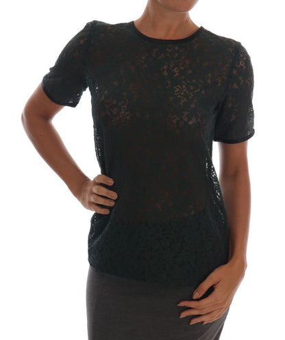 Dolce & Gabbana Dark Green Cotton Floral Lace Round Neck Blouse Top