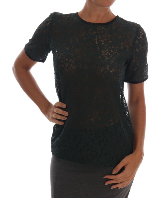 Dolce & Gabbana Dark Green Cotton Floral Lace Round Neck Blouse Top