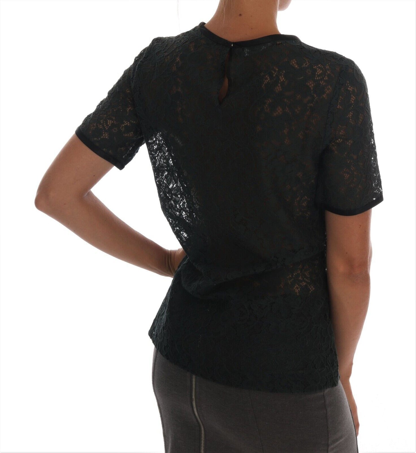 Dolce & Gabbana Dark Green Cotton Floral Lace Round Neck Blouse Top