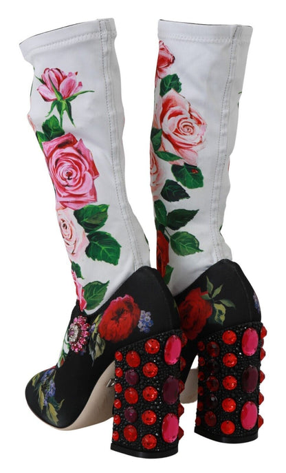 Dolce &amp; Gabbana Schwarze Blumensocken Kristall-Jersey-Stiefel-Schuhe