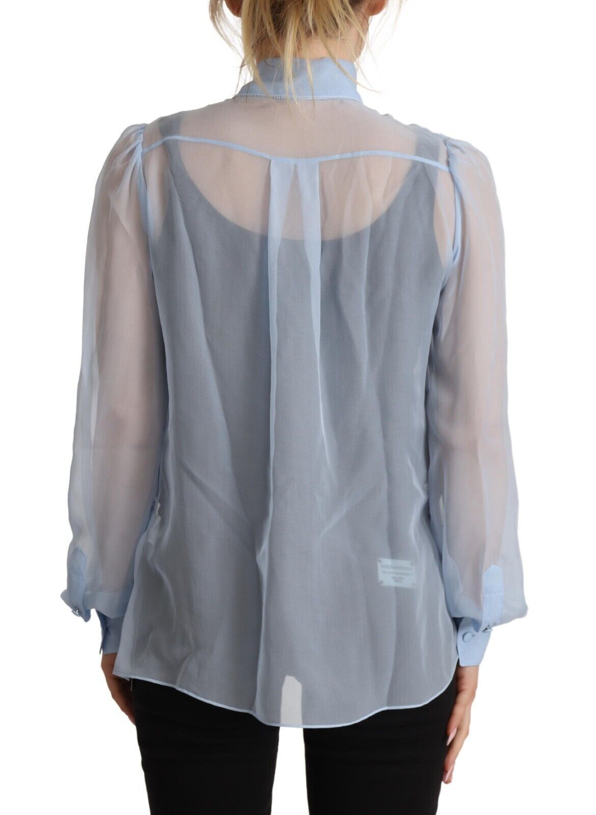 Dolce & Gabbana Light Blue Silk Ascot Collar Long Sleeves Blouse Top