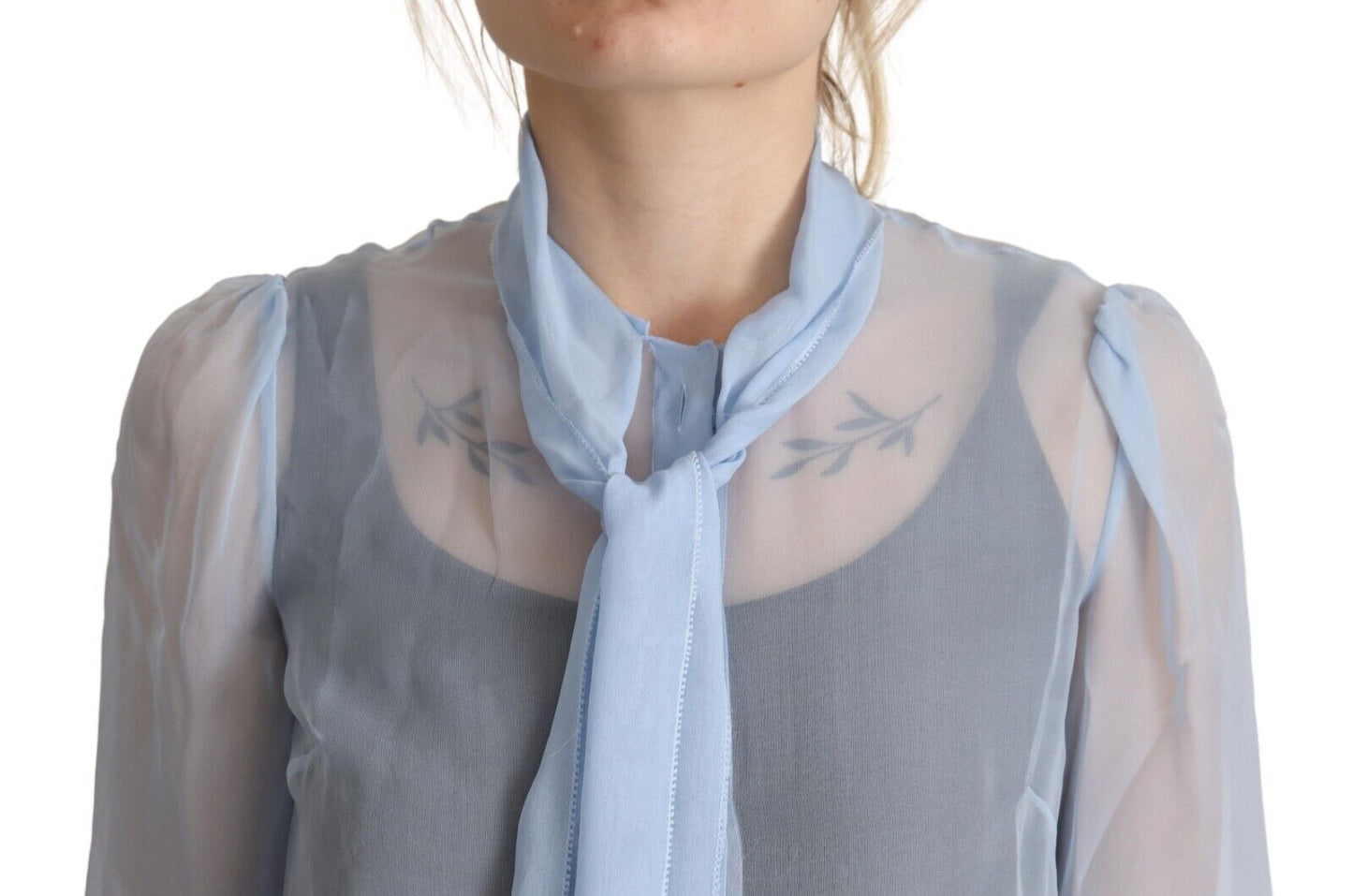 Dolce & Gabbana Light Blue Silk Ascot Collar Long Sleeves Blouse Top