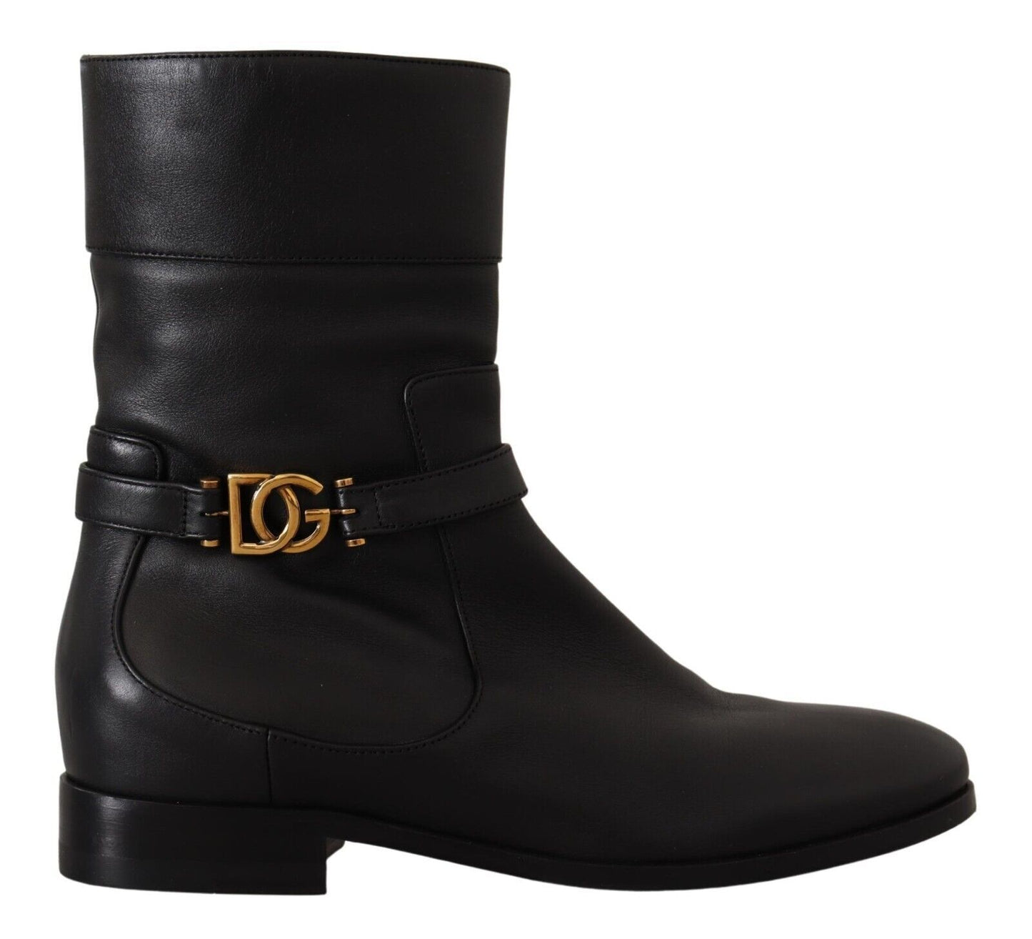 Dolce &amp; Gabbana Schwarze flache Lederstiefel mit Logo und kurzen Stiefeln