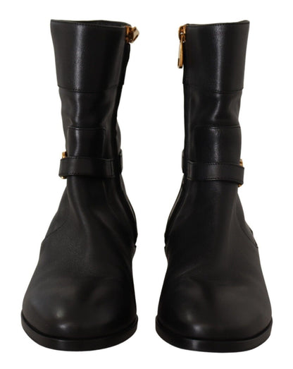 Dolce &amp; Gabbana Schwarze flache Lederstiefel mit Logo und kurzen Stiefeln