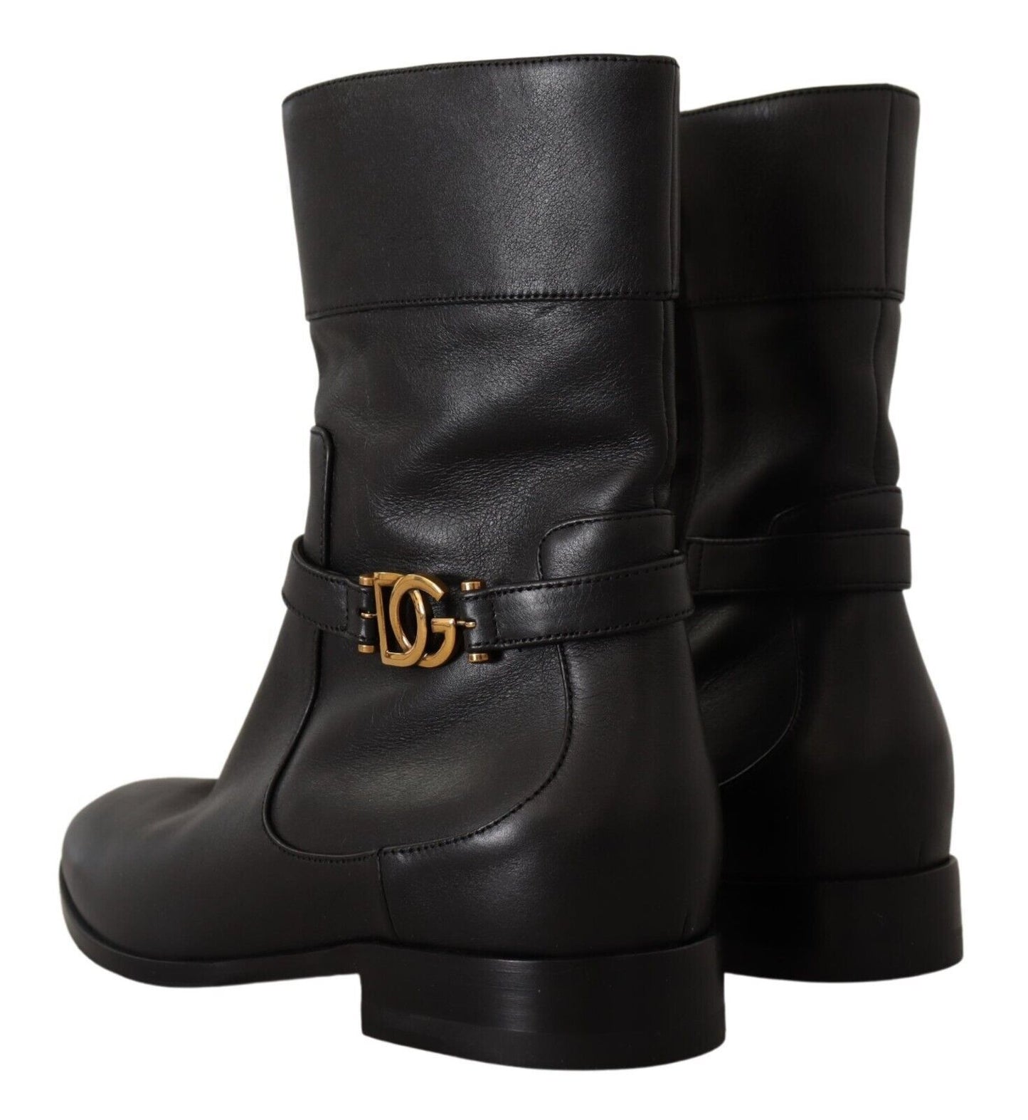 Dolce &amp; Gabbana Schwarze flache Lederstiefel mit Logo und kurzen Stiefeln