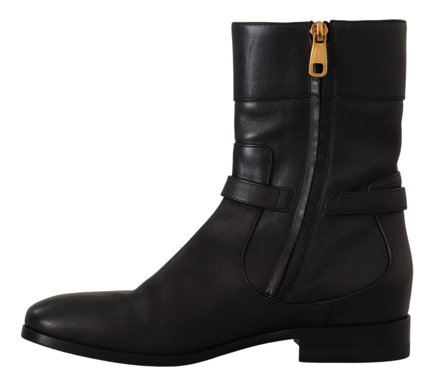 Dolce &amp; Gabbana Schwarze flache Lederstiefel mit Logo und kurzen Stiefeln