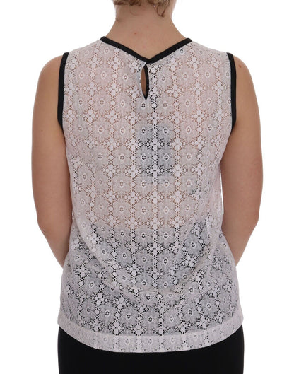 Dolce &amp; Gabbana Weißes Tank-T-Shirt aus Nylon mit Spitze und Blumenmuster