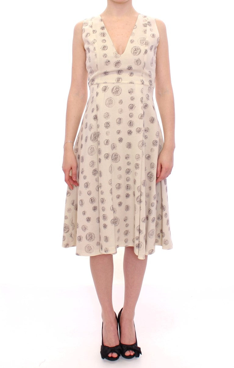 Andrea Incontri Elegant White Wool Shift Dress with Gray Print