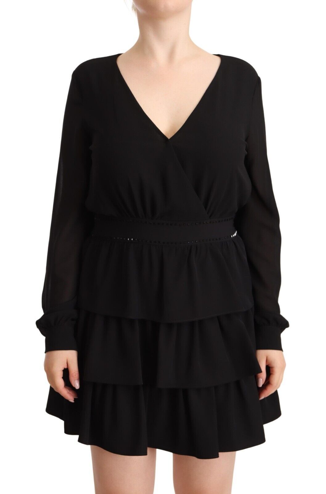 Liu Jo Black Polyester Long Sleeves V-Neck Mini A-Line Dress