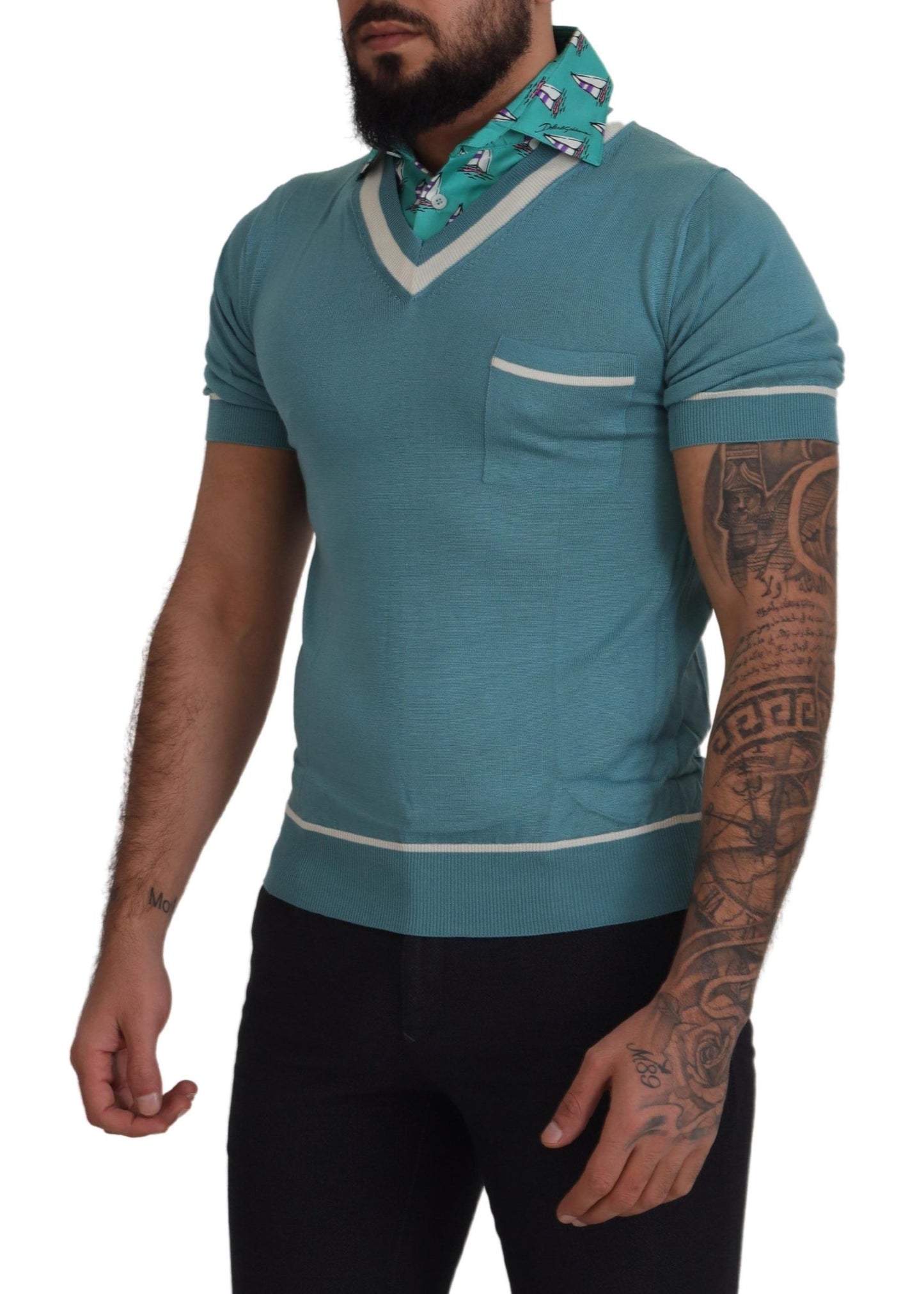 Dolce & Gabbana Blue Silk Polo Top Mens V-Neck 티셔츠